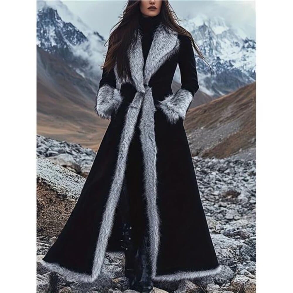 Fall Winter New Black Longline Faux Fur Trim Coat Women Notch Lapel Silvery - Thumbnail 2