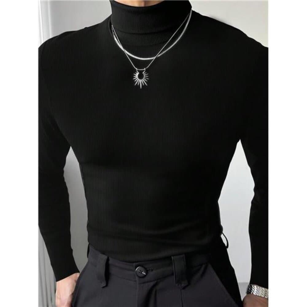 Manfinity Dauomo Men's Casual Solid Color Turtleneck Slim Fit Long Sleeve - Thumbnail 5