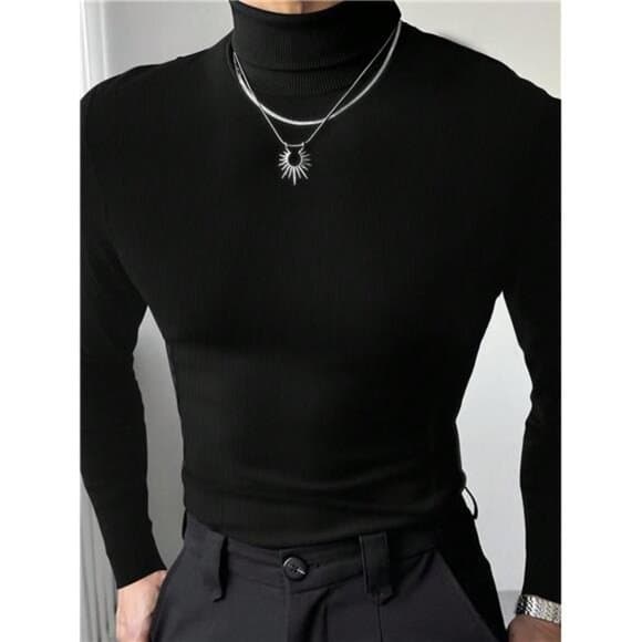 Manfinity Dauomo Men's Casual Solid Color Turtleneck Slim Fit Long Sleeve - Thumbnail 6