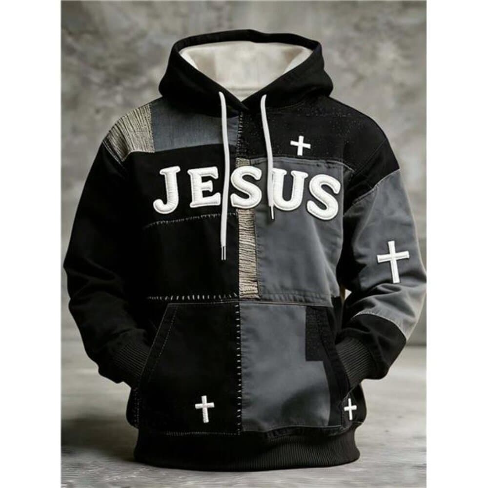 Men's Artistic Retro Patchwork Print Hoodie, Colorful Comfortable Top, - Thumbnail 3