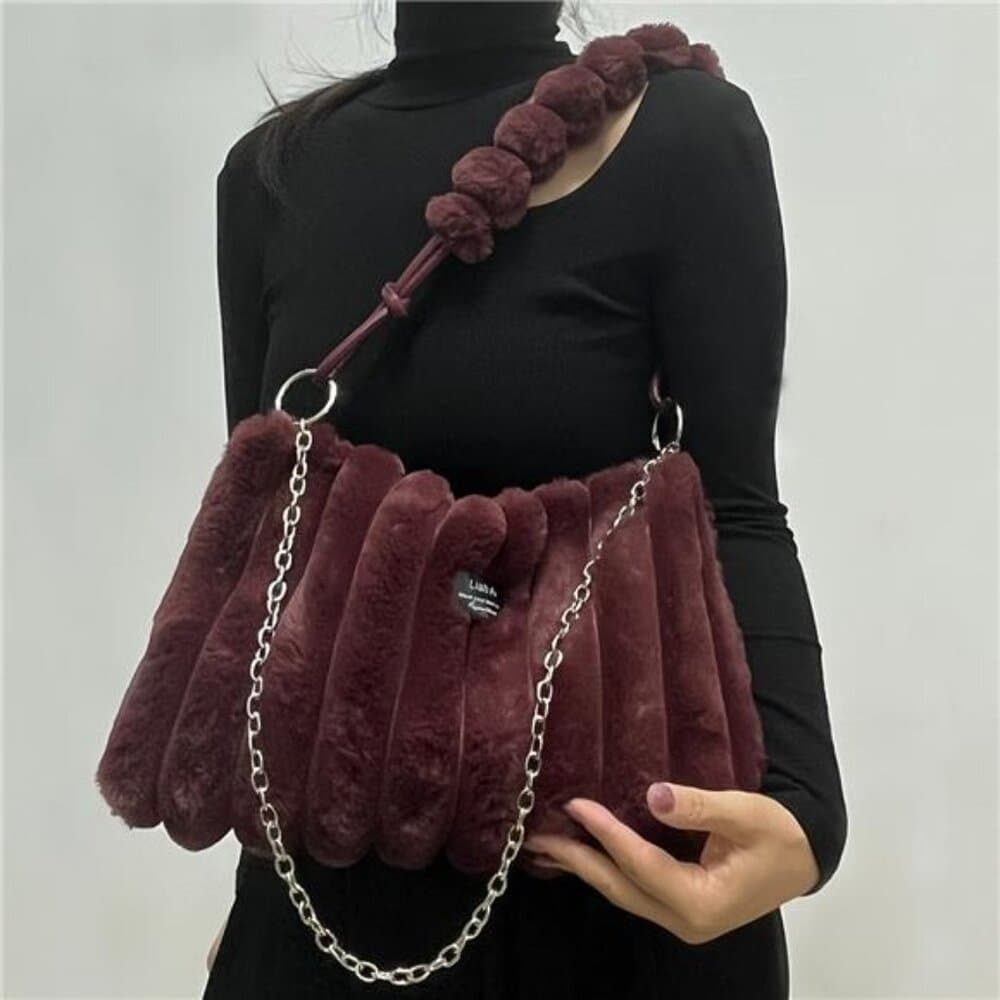 Women's Lightweight Plush Crossbody Bag with Detachable Chain Strap - Large - Thumbnail 3