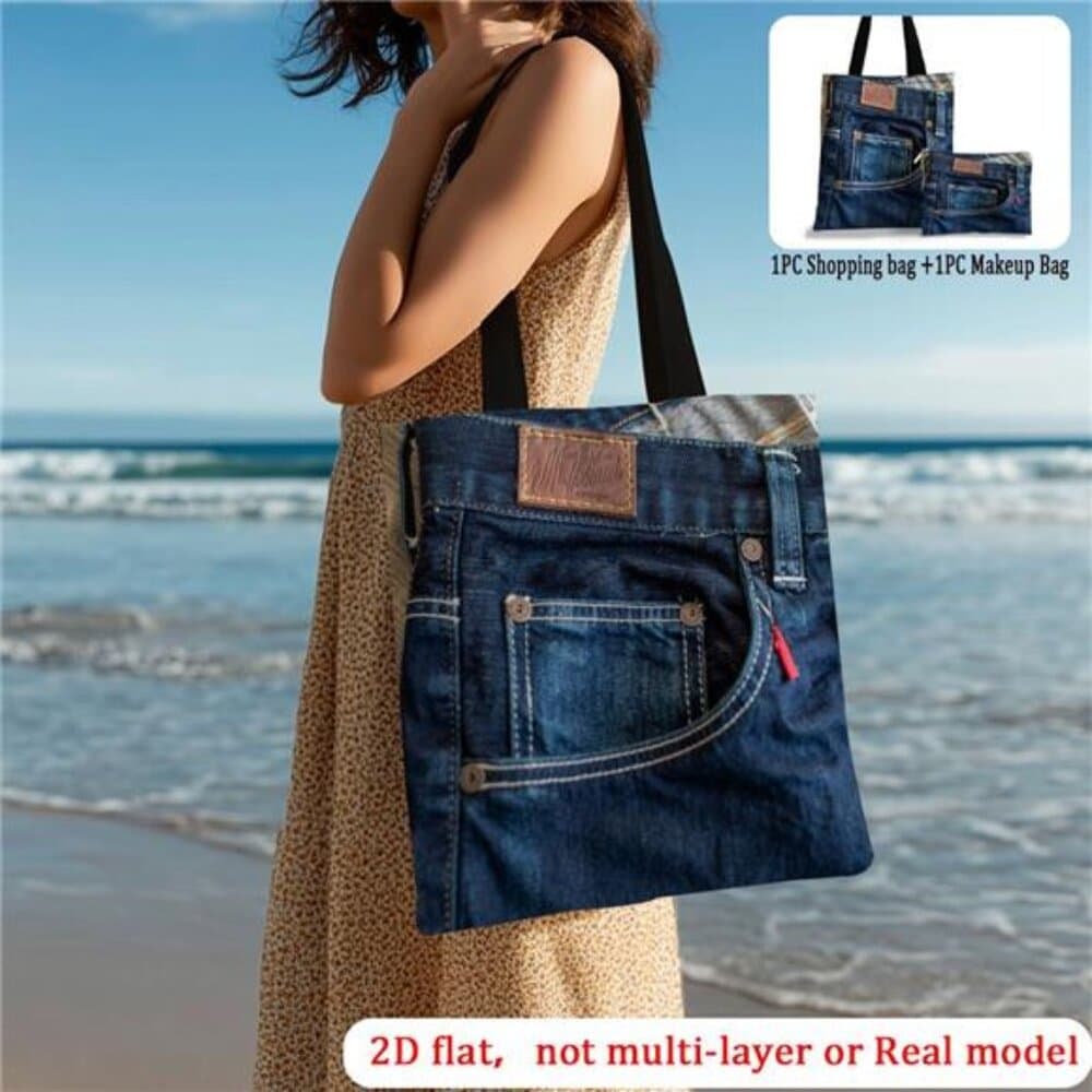 2D Flat Printing 2pcs Set Of Blue with Label Tote Bag/Beach Bag with Makeup Bag - Thumbnail 2