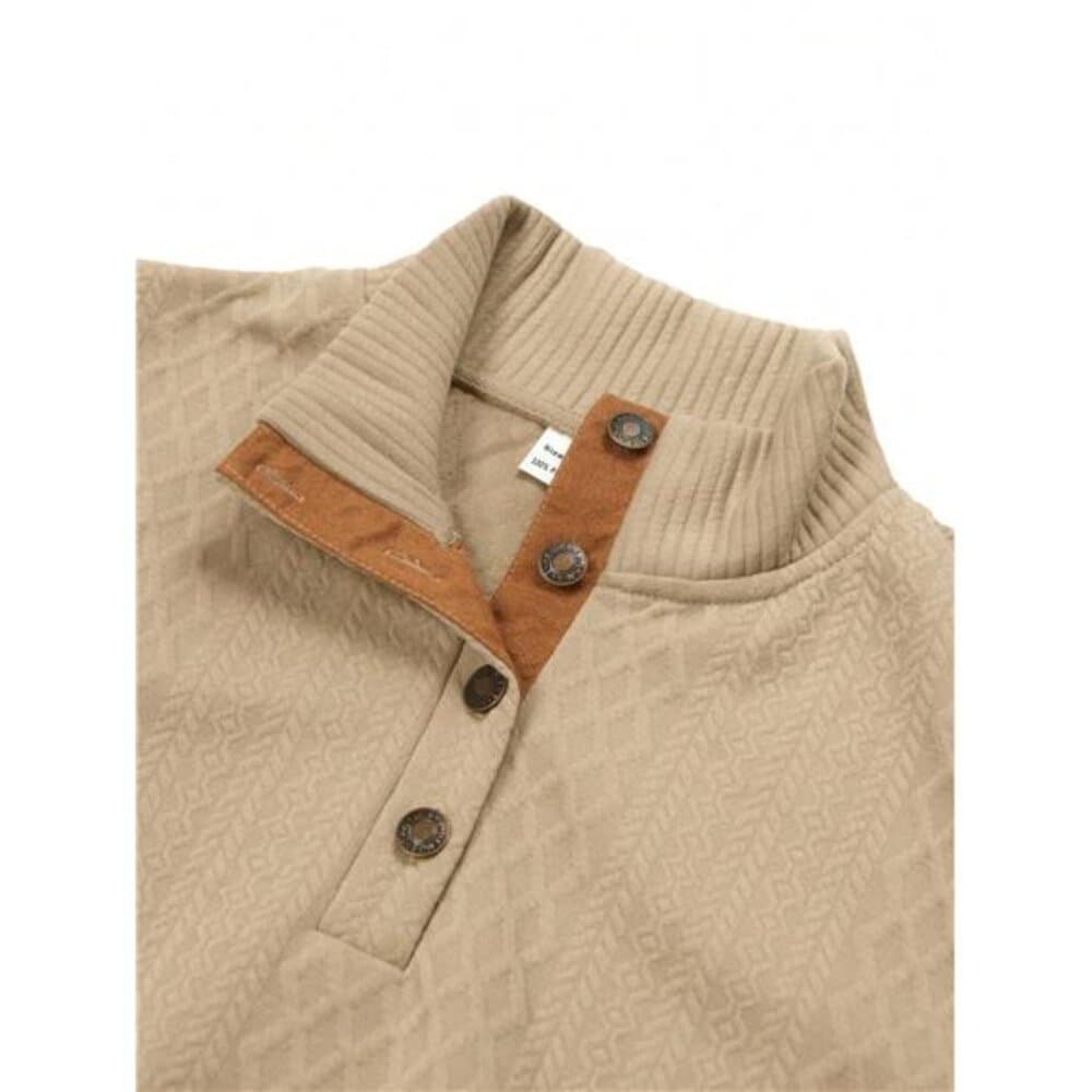 Jacquard Contrast Color Patchwork Stand Collar Pullover Sweatshirt - Thumbnail 2