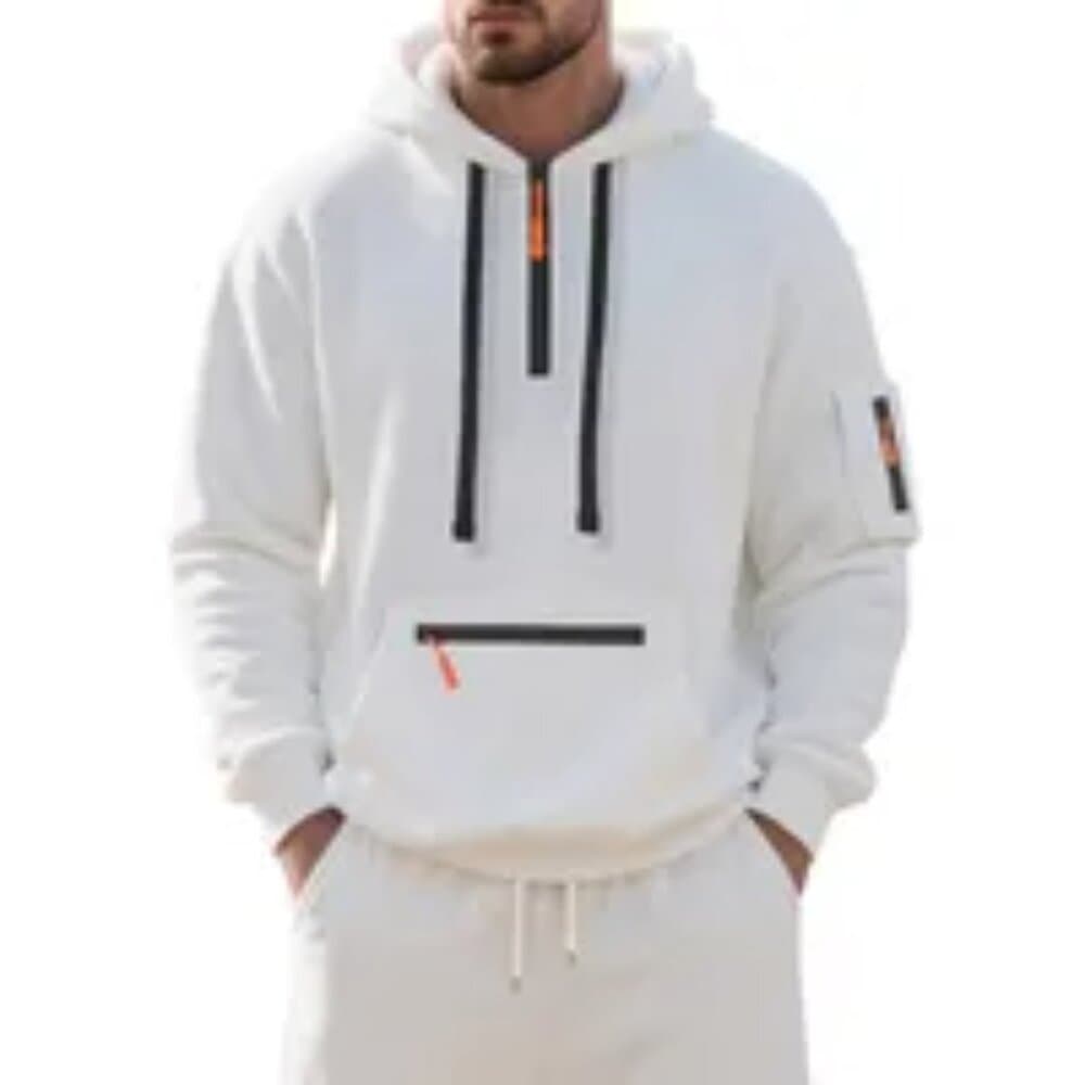 Men's Fleece-Lined Hooded Sweatshirt Casual Sports Heavyweight Zipper Closure - Thumbnail 3