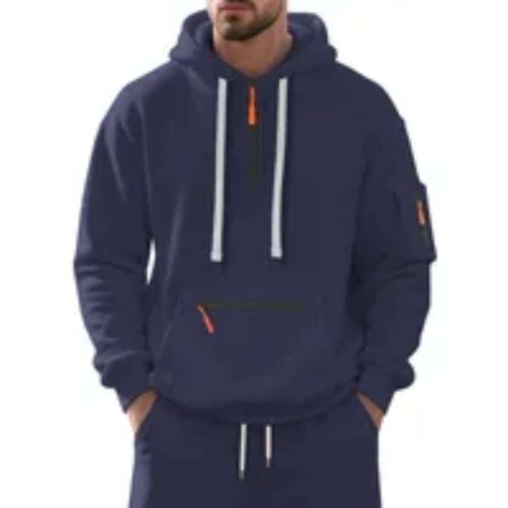 Men's Fleece-Lined Hooded Sweatshirt Casual Sports Heavyweight Zipper Closure - Thumbnail 2