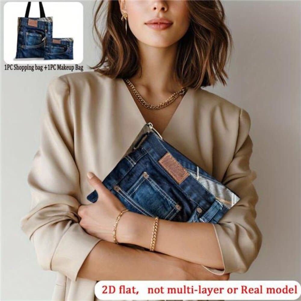2D Flat Printing 2pcs Set Of Blue with Label Tote Bag/Beach Bag with Makeup Bag - Thumbnail 6