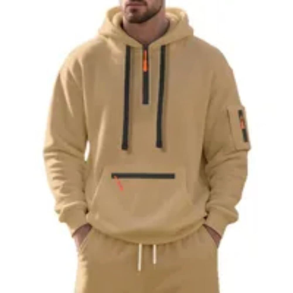 Men's Fleece-Lined Hooded Sweatshirt Casual Sports Heavyweight Zipper Closure - Thumbnail 5