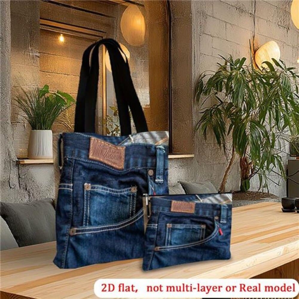 2D Flat Printing 2pcs Set Of Blue with Label Tote Bag/Beach Bag with Makeup Bag - Thumbnail 8