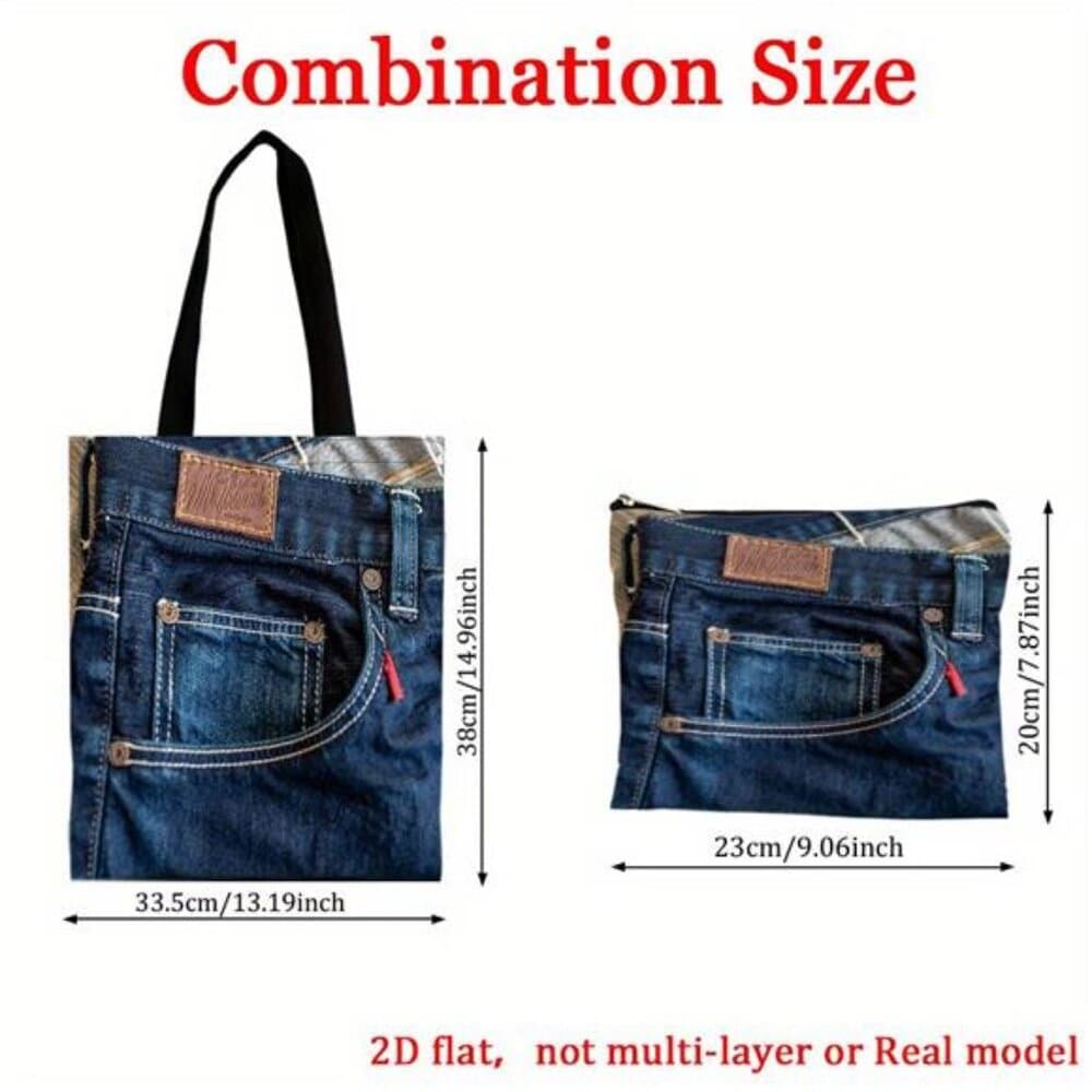 2D Flat Printing 2pcs Set Of Blue with Label Tote Bag/Beach Bag with Makeup Bag - Thumbnail 7