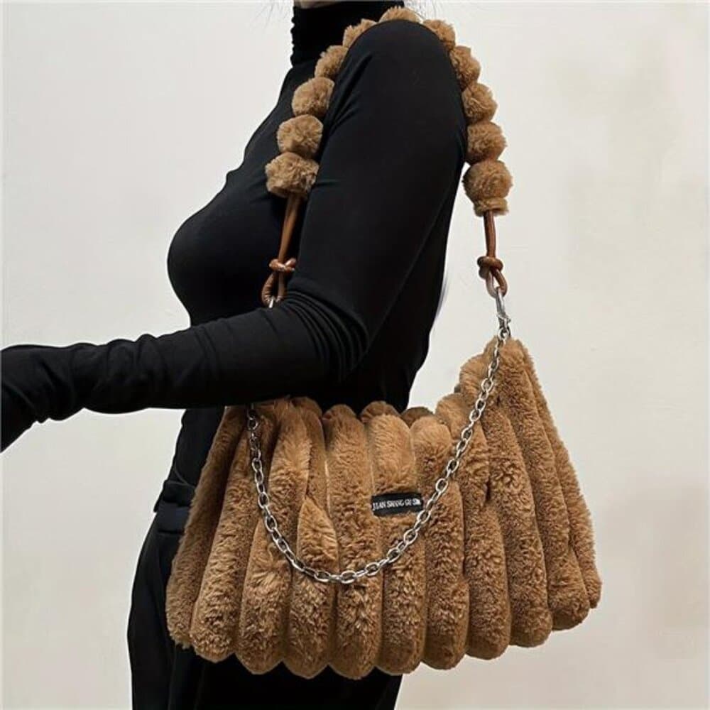 Women's Lightweight Plush Crossbody Bag with Detachable Chain Strap - Large - Thumbnail 7