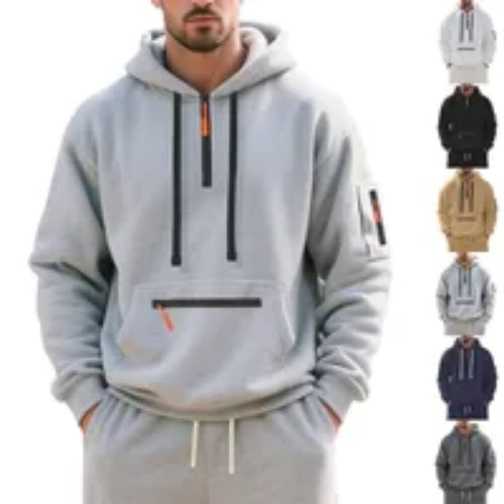 Men's Fleece-Lined Hooded Sweatshirt Casual Sports Heavyweight Zipper Closure