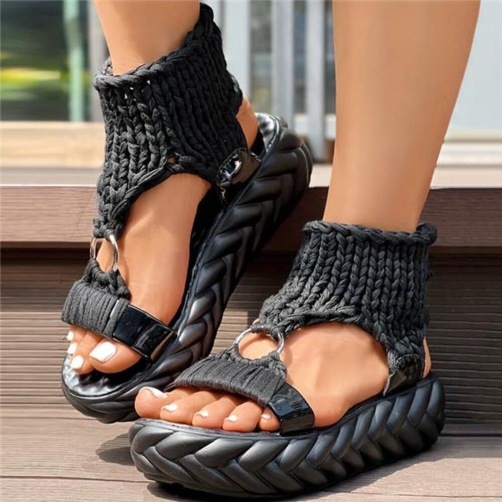 Braided Knit O-Ring Cutout Platform Sandals - Thumbnail 3