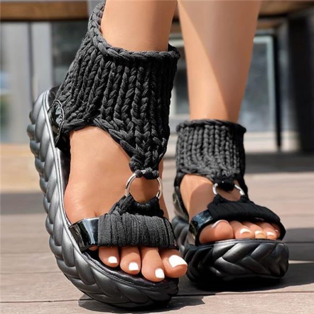 Braided Knit O-Ring Cutout Platform Sandals - Thumbnail 7