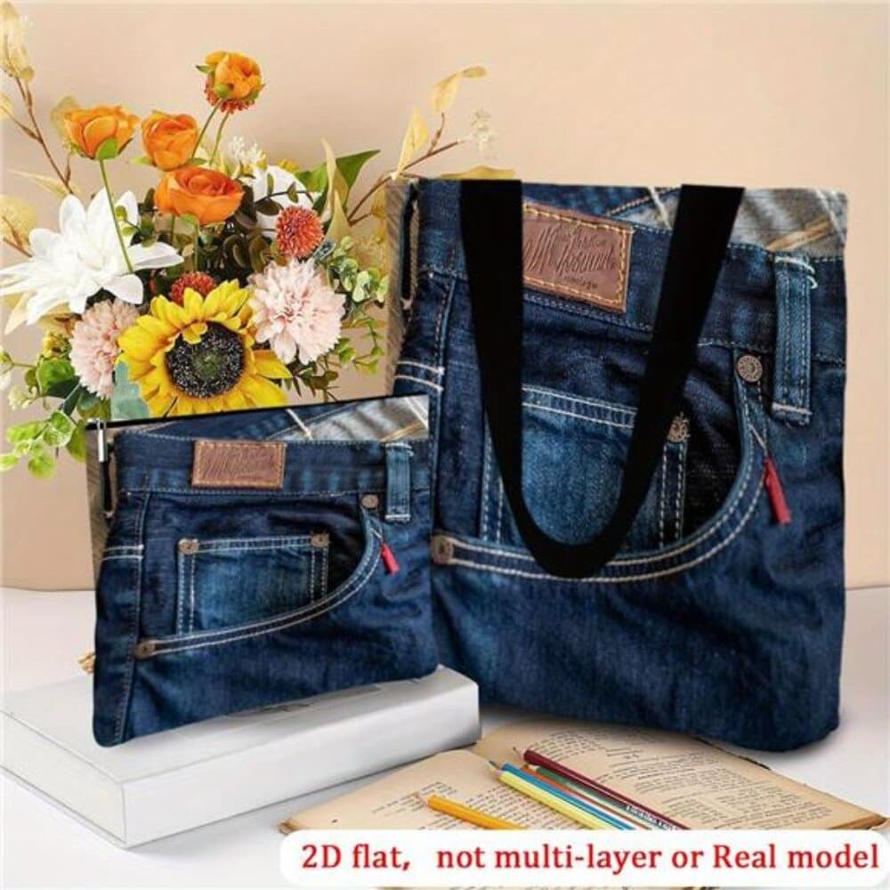 2D Flat Printing 2pcs Set Of Blue with Label Tote Bag/Beach Bag with Makeup Bag - Thumbnail 3