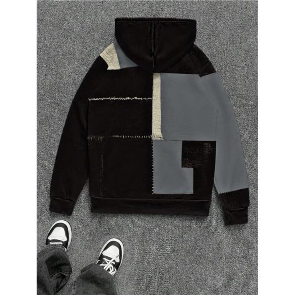 Men's Artistic Retro Patchwork Print Hoodie, Colorful Comfortable Top,