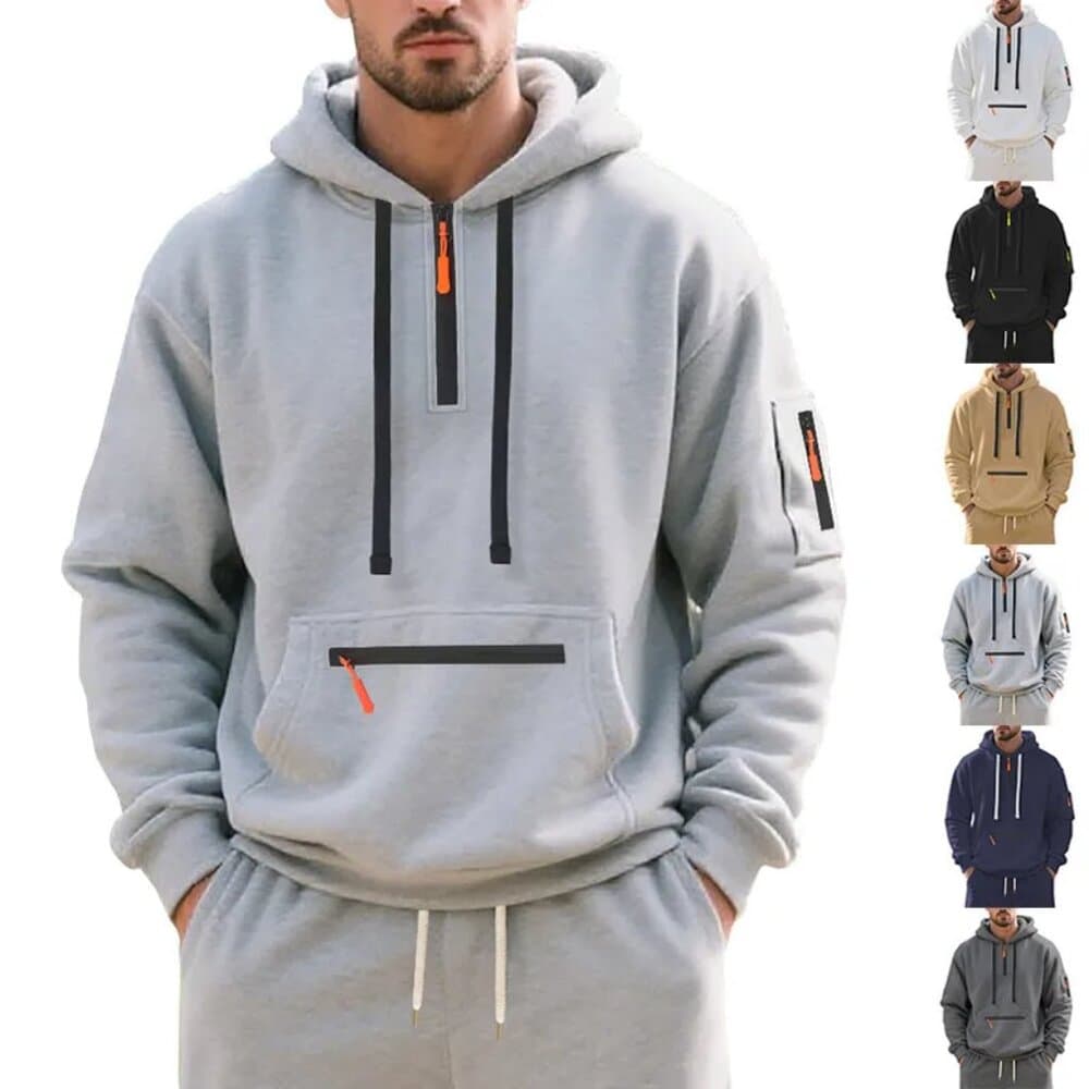 Men's Fleece-Lined Hooded Sweatshirt Casual Sports Heavyweight Zipper Closure - Thumbnail 6