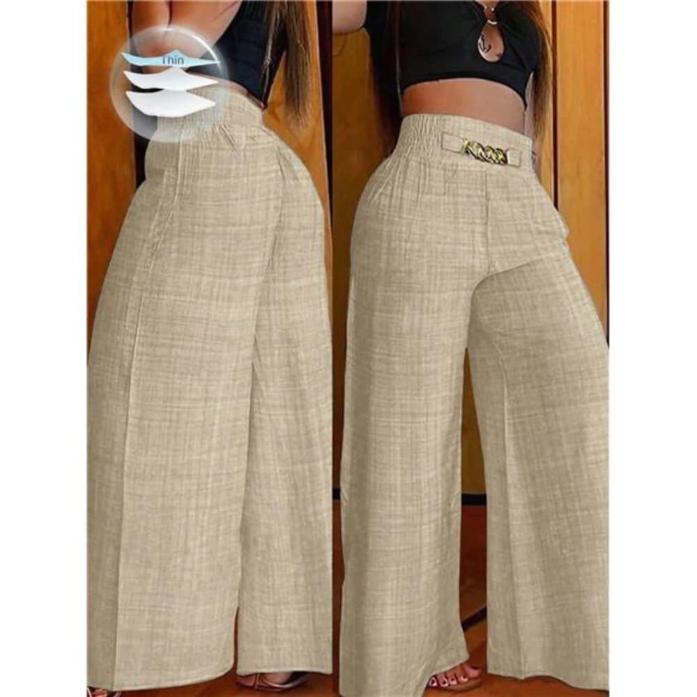 Women's Casual Metal Chain Loose Wide Leg Pants, Autumn Linen Khaki - Thumbnail 7
