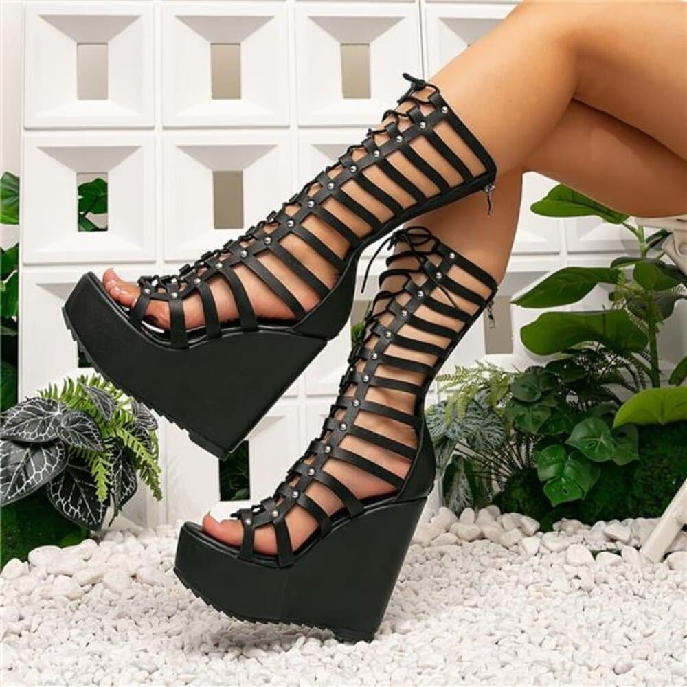 Women's Height-Enhancing Wedge Roman Sandals/Boots - Strappy Open-Toe Back - Thumbnail 2