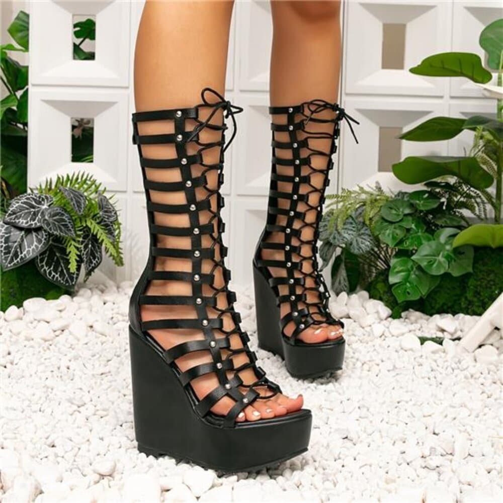 Women's Height-Enhancing Wedge Roman Sandals/Boots - Strappy Open-Toe Back - Thumbnail 4