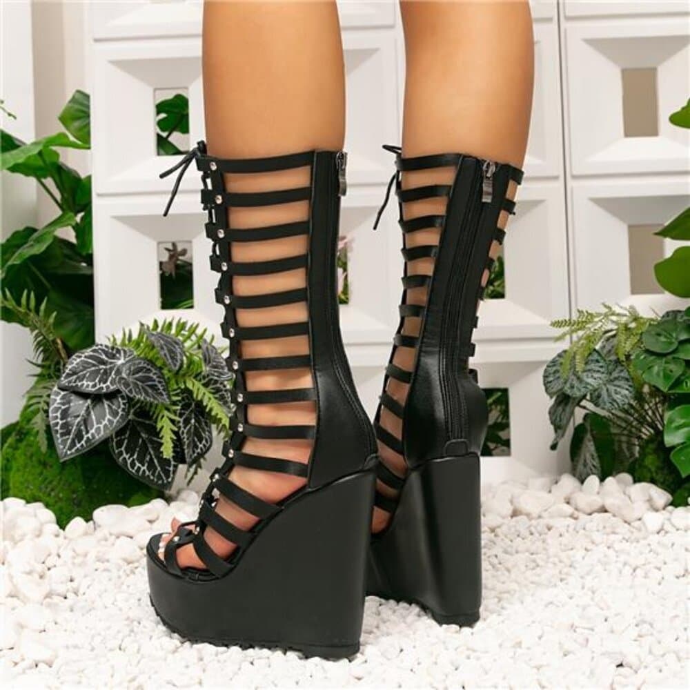Women's Height-Enhancing Wedge Roman Sandals/Boots - Strappy Open-Toe Back - Thumbnail 5