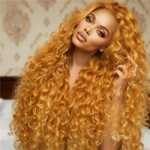 Honey Blonde Kinky Curly Synthetic Lace Front Wig - 13x3 HD Pre-Plucked - Thumbnail 8