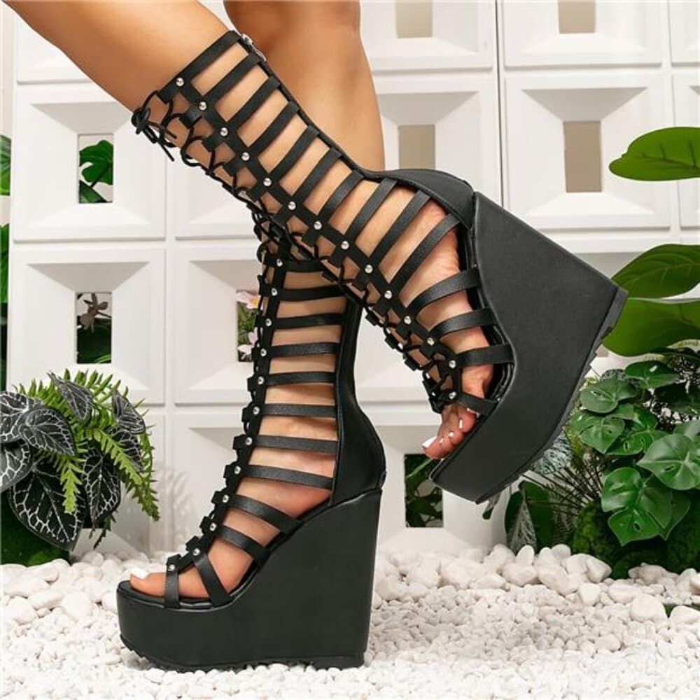 Women's Height-Enhancing Wedge Roman Sandals/Boots - Strappy Open-Toe Back - Thumbnail 3