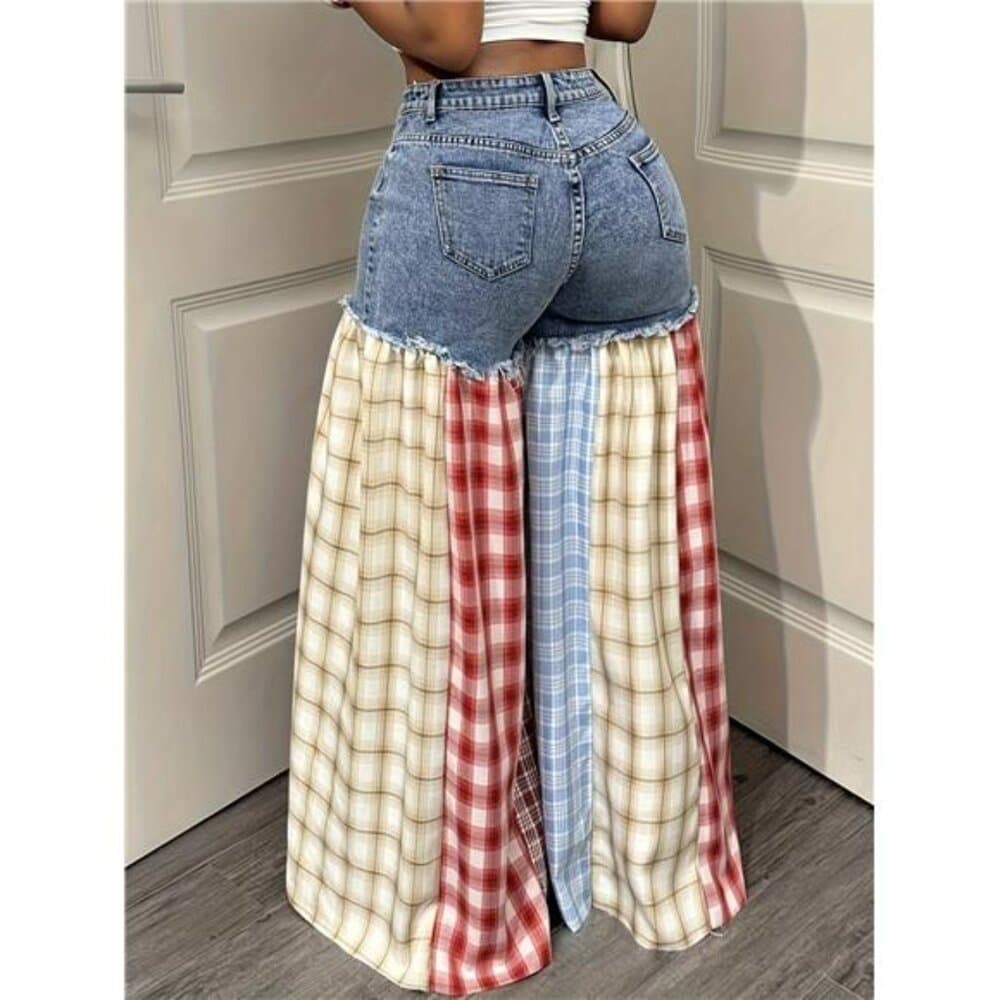 Women's Summer Casual Wide Leg Jeans Plaid Stitching Loose Fit - Thumbnail 6