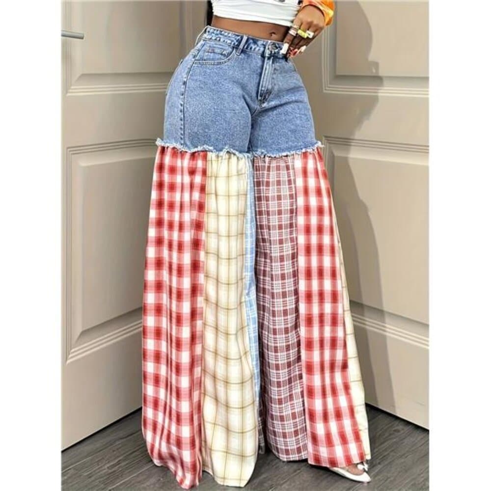 Women's Summer Casual Wide Leg Jeans Plaid Stitching Loose Fit - Thumbnail 4