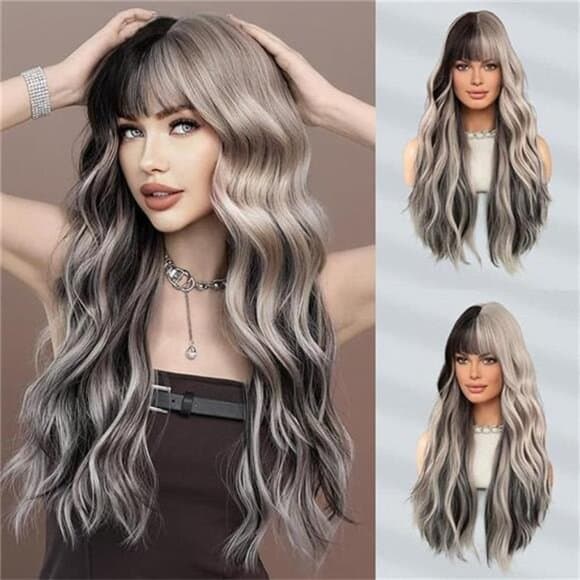 27inch Long Wavy Silver Grey Black Highlight Wig Natural Heat Resistant Fiber - Thumbnail 9