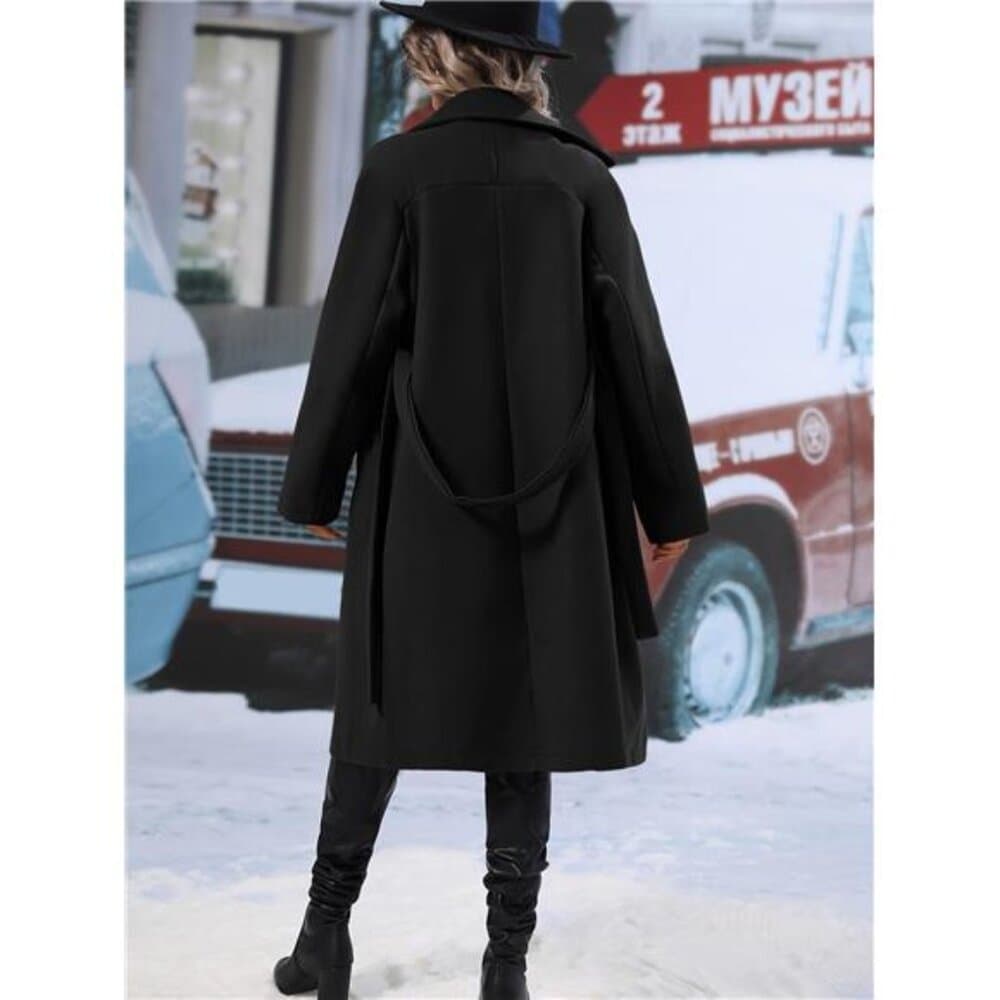 Lapel Neck Double Breasted Belted Overcoat Fall Winter Cloth For Women - Thumbnail 2
