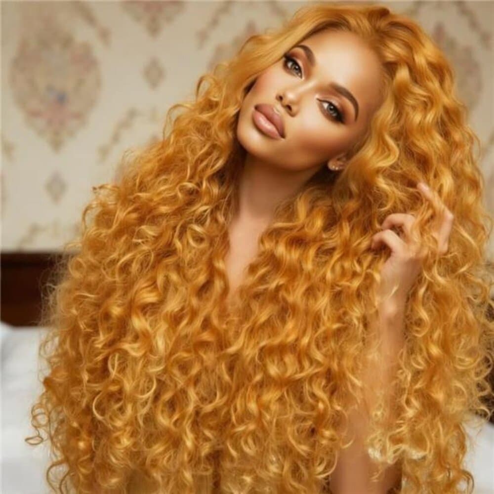 Honey Blonde Kinky Curly Synthetic Lace Front Wig - 13x3 HD Pre-Plucked - Thumbnail 7