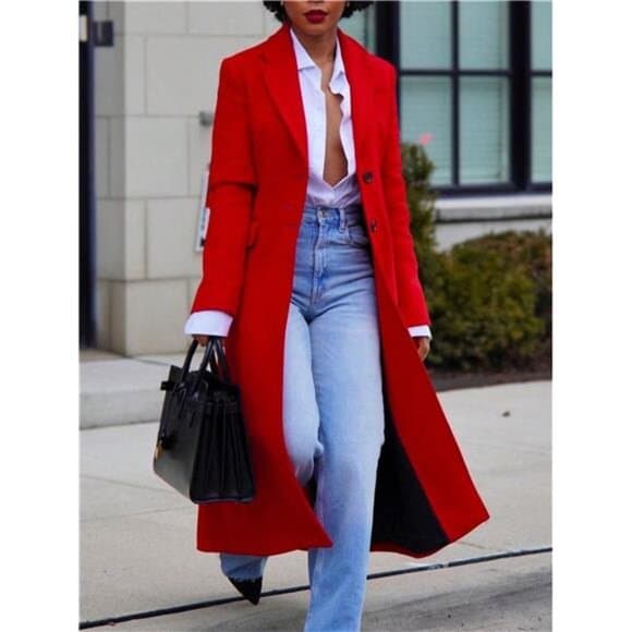 Women's Winter Wool Coat Single-Breasted Pea Coat Casual Long Lapel Work - Thumbnail 10
