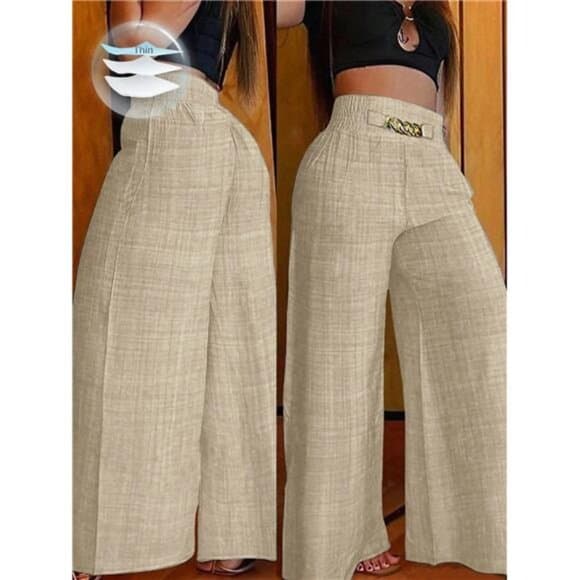 Women's Casual Metal Chain Loose Wide Leg Pants, Autumn Linen Khaki - Thumbnail 8