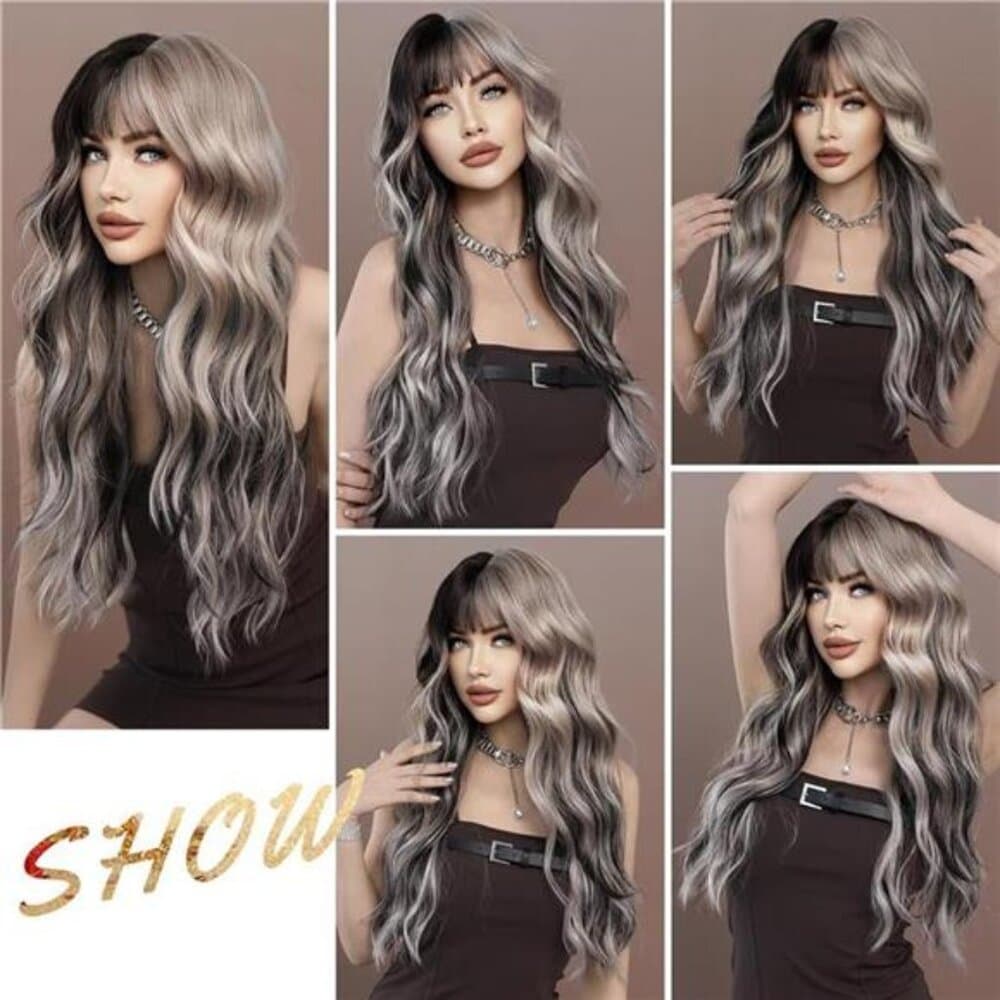 27inch Long Wavy Silver Grey Black Highlight Wig Natural Heat Resistant Fiber - Thumbnail 2