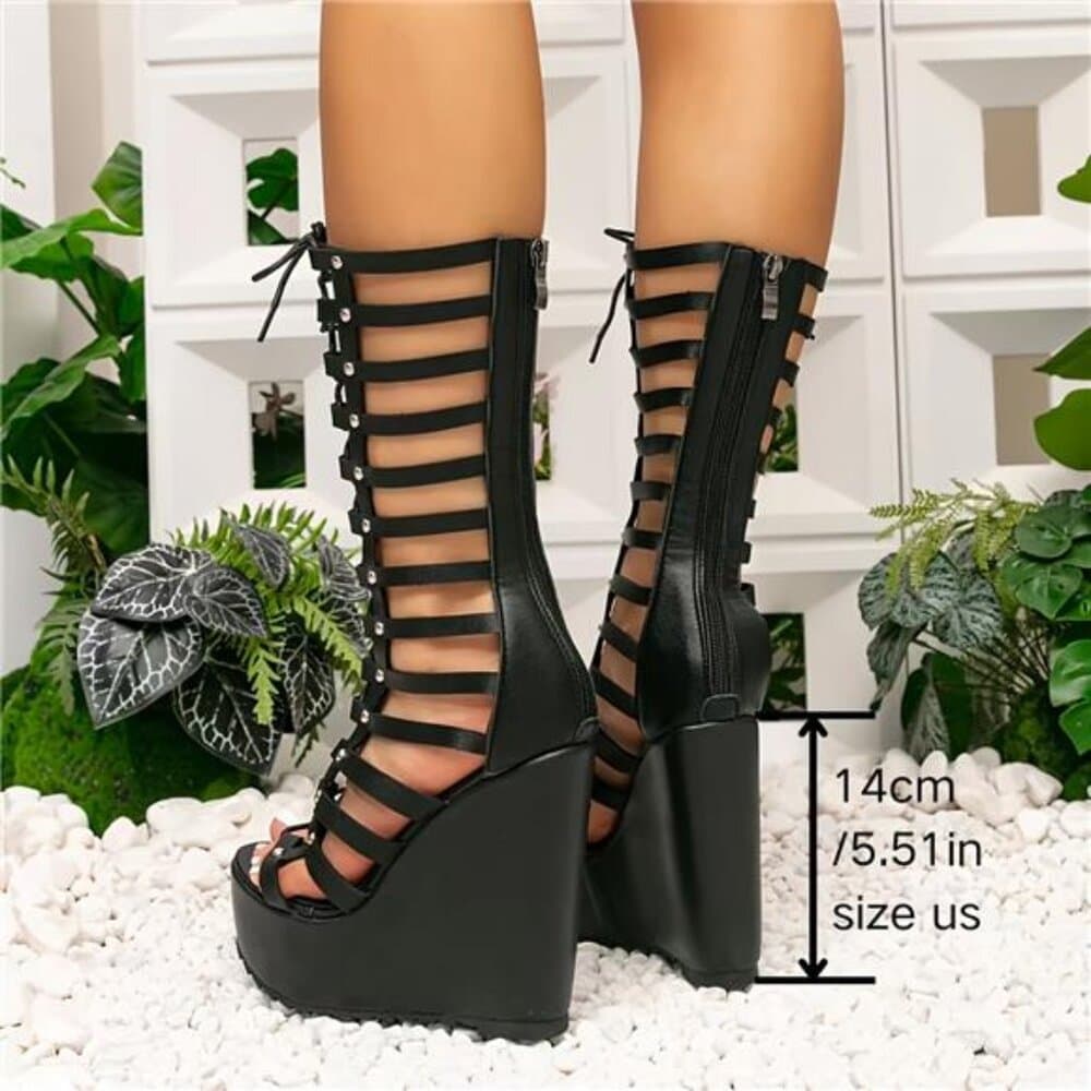 Women's Height-Enhancing Wedge Roman Sandals/Boots - Strappy Open-Toe Back - Thumbnail 6