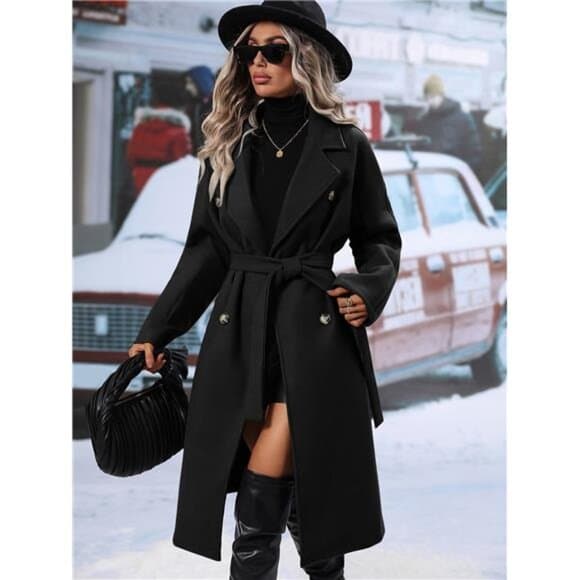 Lapel Neck Double Breasted Belted Overcoat Fall Winter Cloth For Women - Thumbnail 8