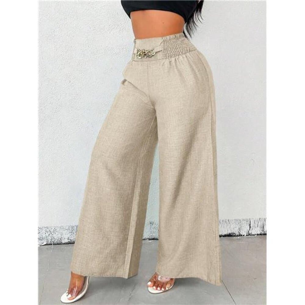Women's Casual Metal Chain Loose Wide Leg Pants, Autumn Linen Khaki - Thumbnail 2