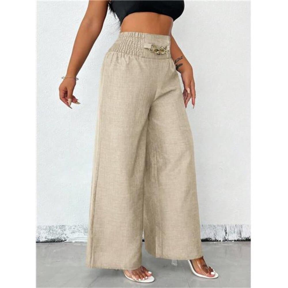 Women's Casual Metal Chain Loose Wide Leg Pants, Autumn Linen Khaki - Thumbnail 4