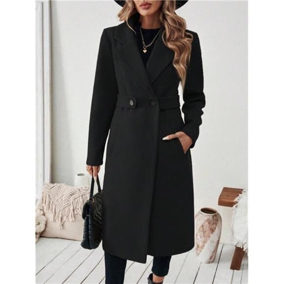 Flat Collar Solid Color Pocket With Belt Long Sleeve Autumn/Winter Coat - Thumbnail 7