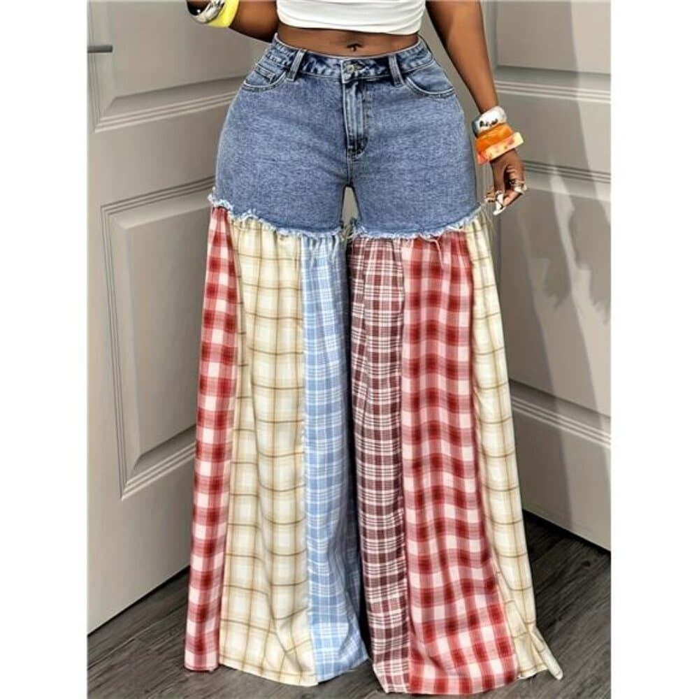 Women's Summer Casual Wide Leg Jeans Plaid Stitching Loose Fit - Thumbnail 3
