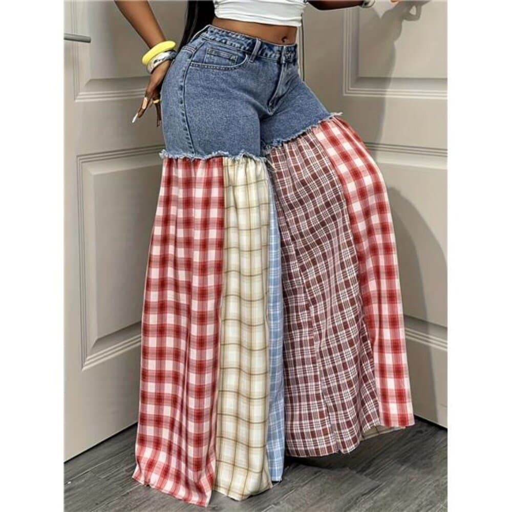 Women's Summer Casual Wide Leg Jeans Plaid Stitching Loose Fit