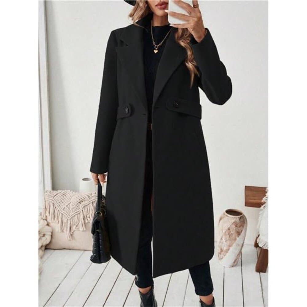 Flat Collar Solid Color Pocket With Belt Long Sleeve Autumn/Winter Coat - Thumbnail 3