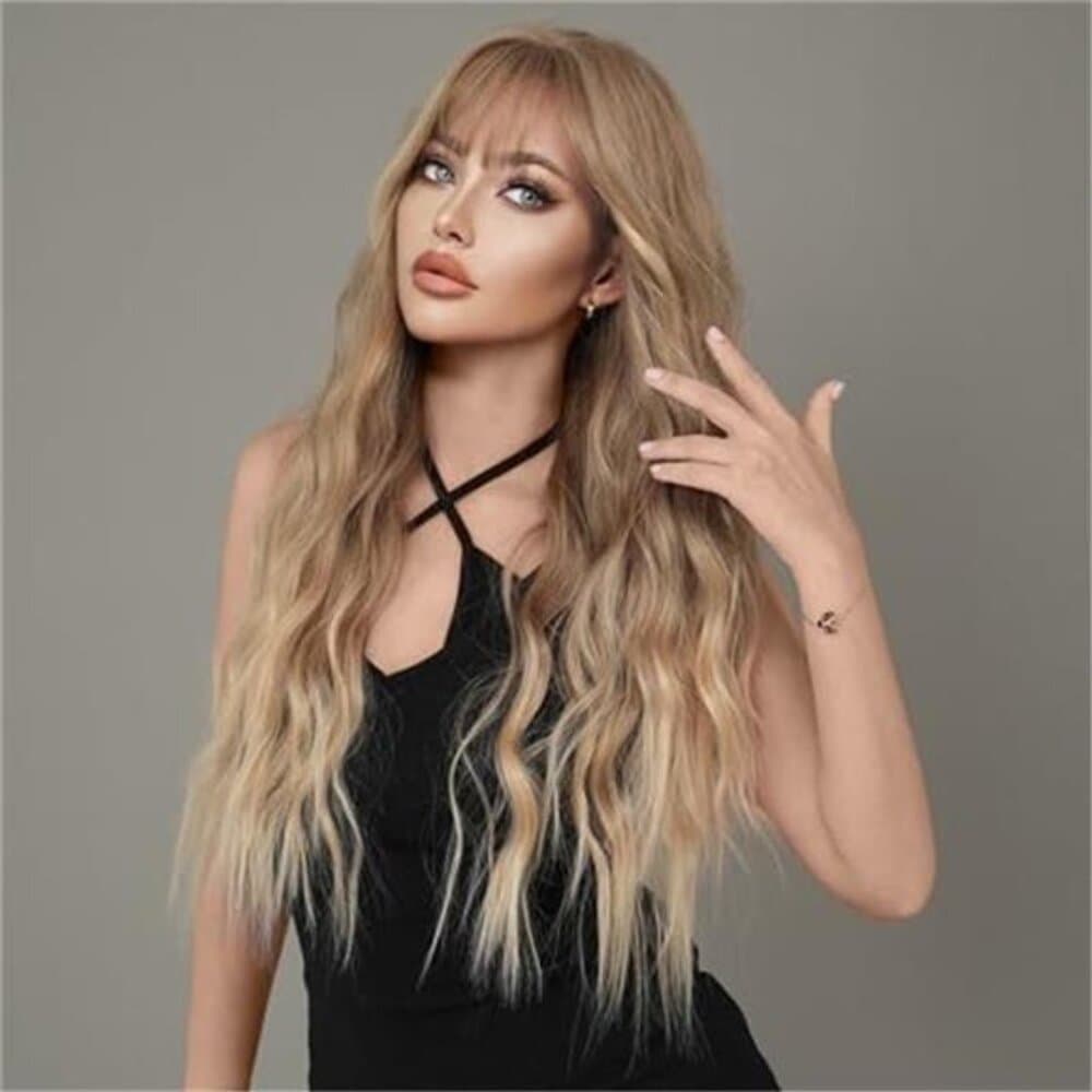 27inch Long Wavy Silver Grey Black Highlight Wig Natural Heat Resistant Fiber