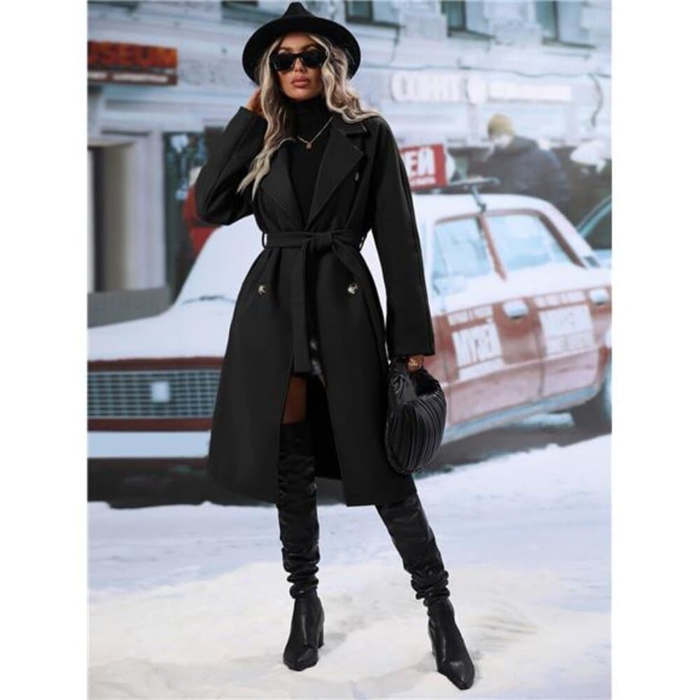Lapel Neck Double Breasted Belted Overcoat Fall Winter Cloth For Women - Thumbnail 3