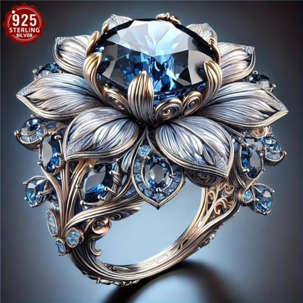 925 Silver Fashionable Rose Design Ring Paired with Aquamarine And Crystals -