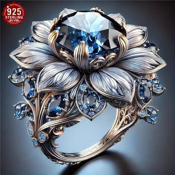 925 Silver Fashionable Rose Design Ring Paired with Aquamarine And Crystals - - Thumbnail 7