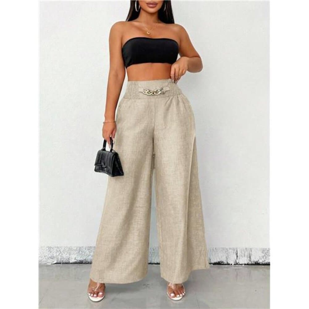Women's Casual Metal Chain Loose Wide Leg Pants, Autumn Linen Khaki - Thumbnail 6