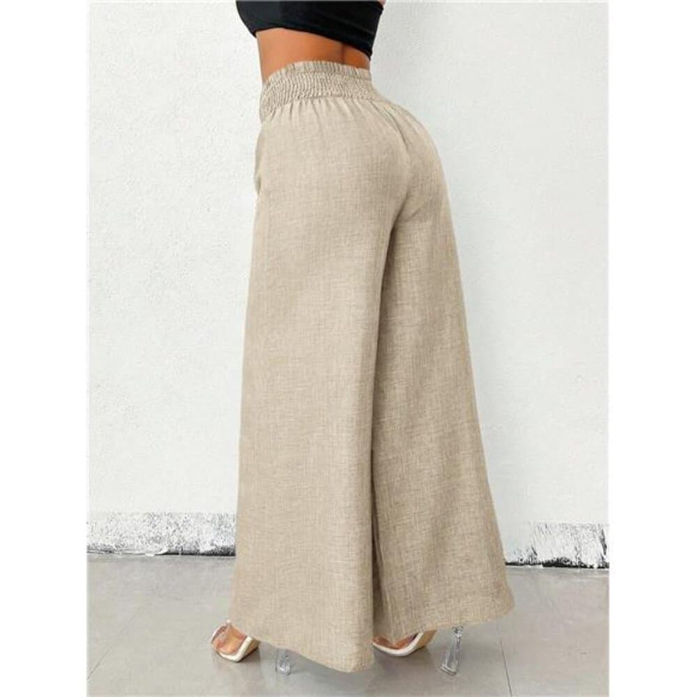 Women's Casual Metal Chain Loose Wide Leg Pants, Autumn Linen Khaki - Thumbnail 3