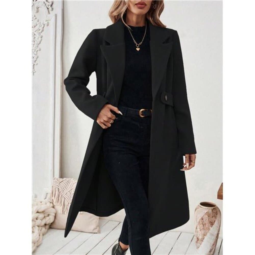 Flat Collar Solid Color Pocket With Belt Long Sleeve Autumn/Winter Coat - Thumbnail 5