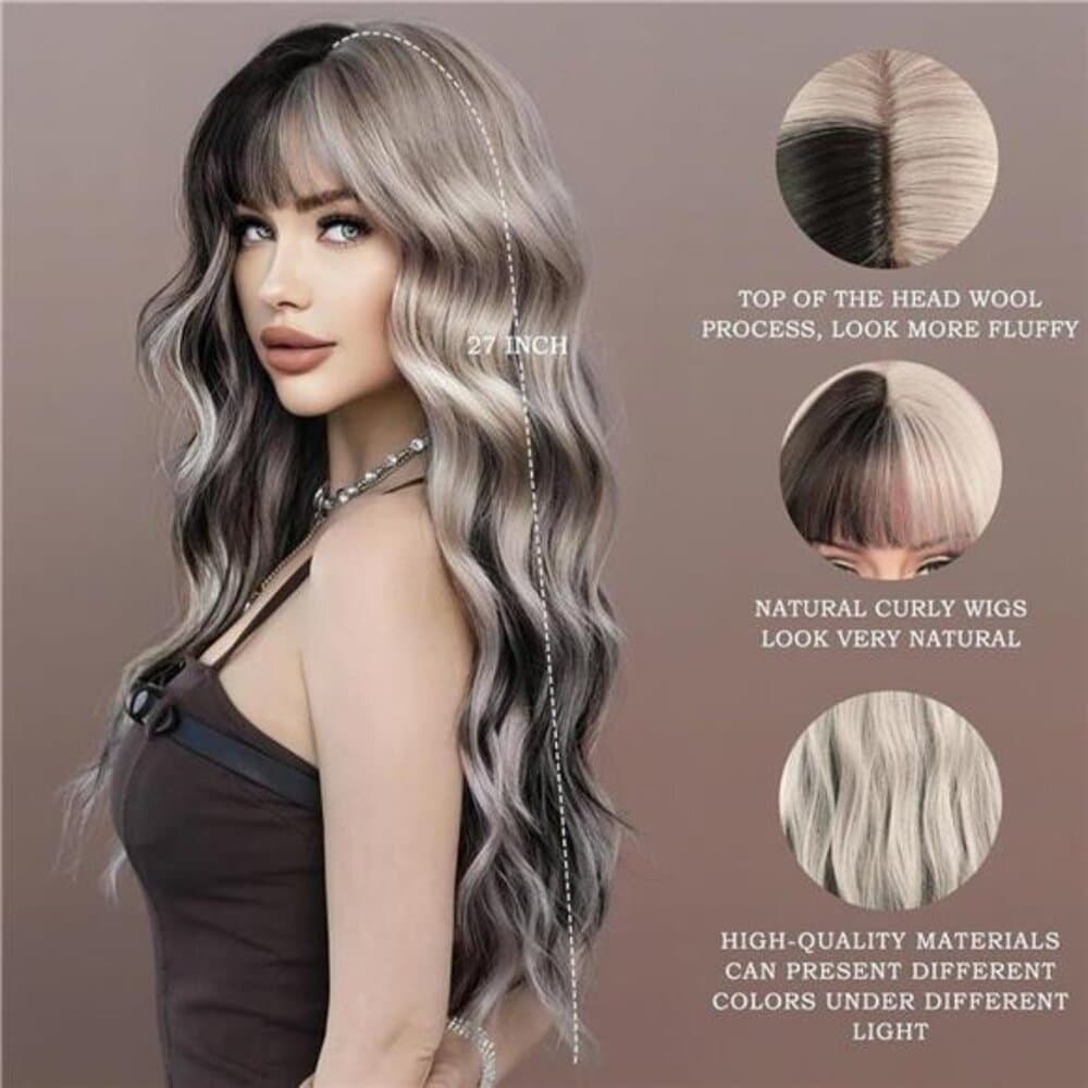 27inch Long Wavy Silver Grey Black Highlight Wig Natural Heat Resistant Fiber - Thumbnail 6